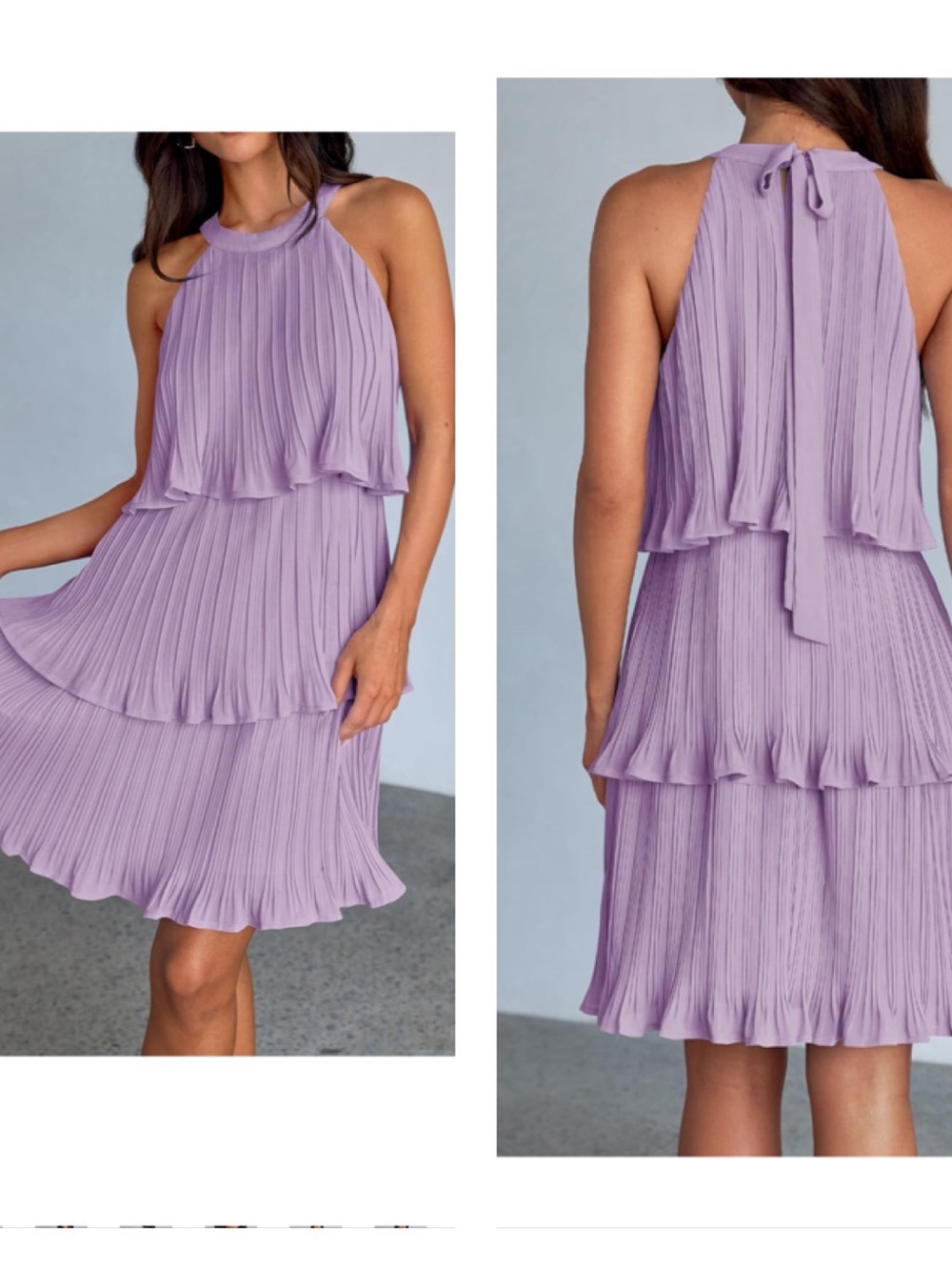 Lavender Tiered Pleated Halter Mini Dress